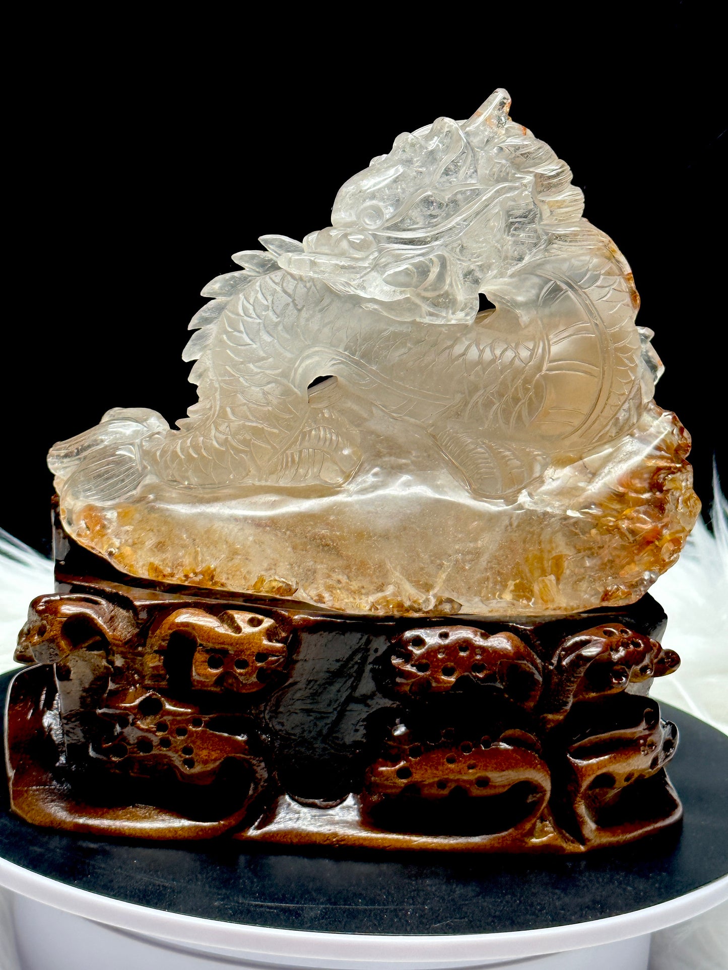 Golden Healer Quartz Crystal Dragon Carving, Feng Shui Lucky Carving for Wealth and Power