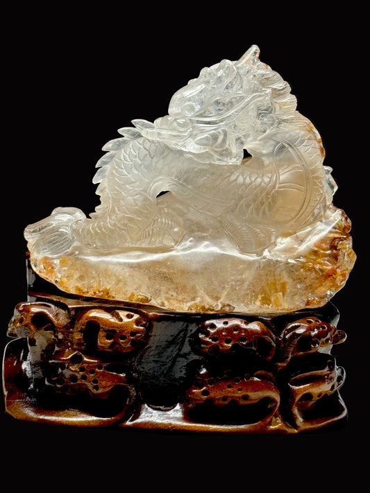 Golden Healer Quartz Crystal Dragon Carving, Feng Shui Lucky Carving for Wealth and Power