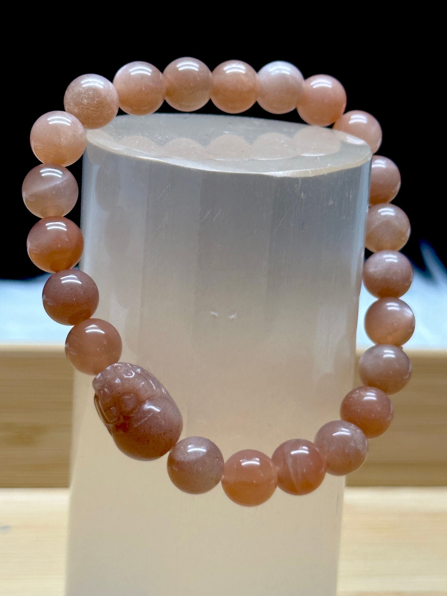 Peach Moonstone Bracelet with Pixiu Carving - 8mm Bead Size