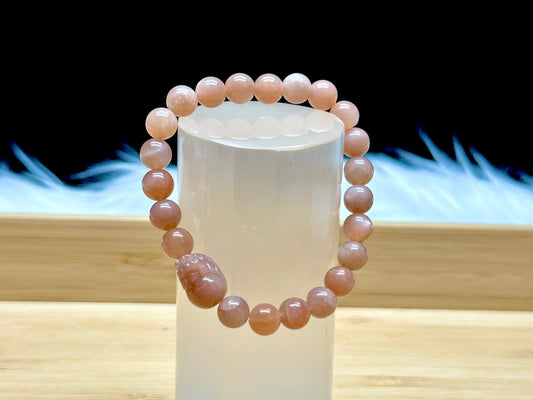 Peach Moonstone Bracelet with Pixiu Carving - 8mm Bead Size