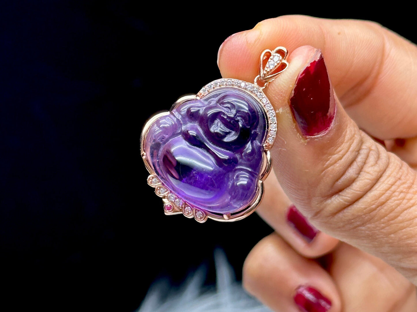 High-Quality Amethyst Laughing Buddha Pendant - 18K Rose Gold Plated on S925 Sterling Silver - Crystal Healing Jewelry