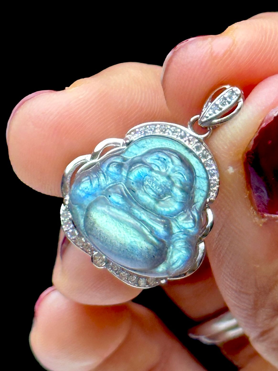 High-Quality Labradorite Laughing Buddha Pendant - S925 Sterling Silver - Genuine Gemstone - Handcrafted Spiritual Jewelry