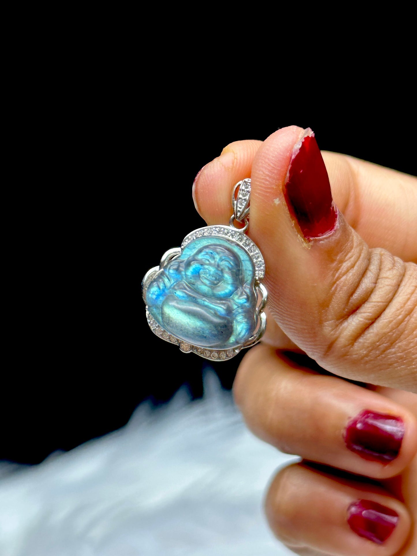 High-Quality Labradorite Laughing Buddha Pendant - S925 Sterling Silver - Genuine Gemstone - Handcrafted Spiritual Jewelry