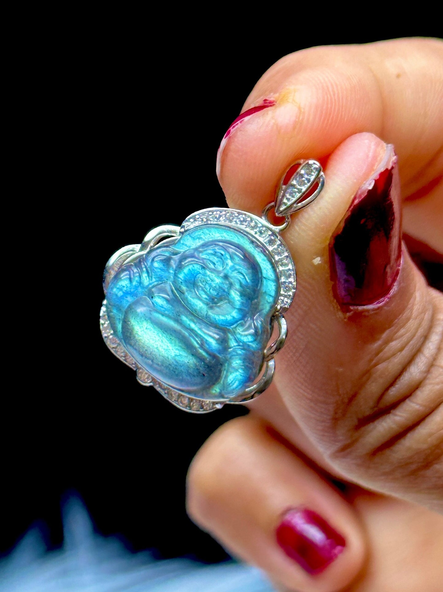 High-Quality Labradorite Laughing Buddha Pendant - S925 Sterling Silver - Genuine Gemstone - Handcrafted Spiritual Jewelry