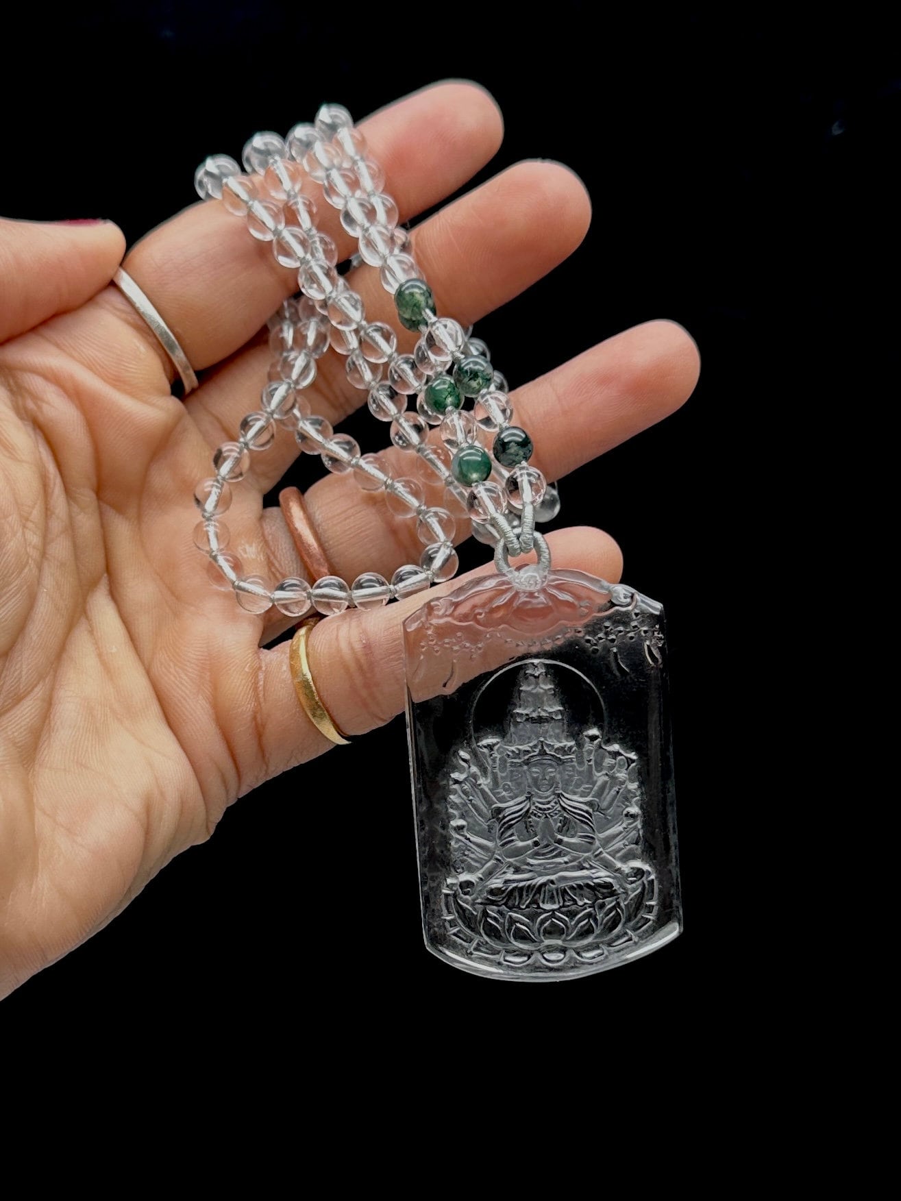 Himalayan Quartz Carved Bodhisattva Pendant Mala - Healing Crystal Necklace