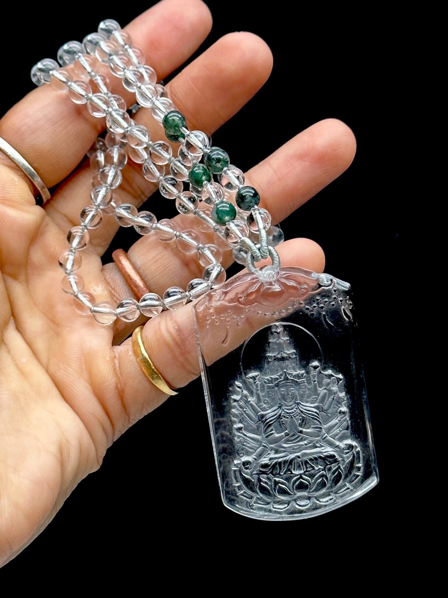 Himalayan Quartz Carved Bodhisattva Pendant Mala - Healing Crystal Necklace