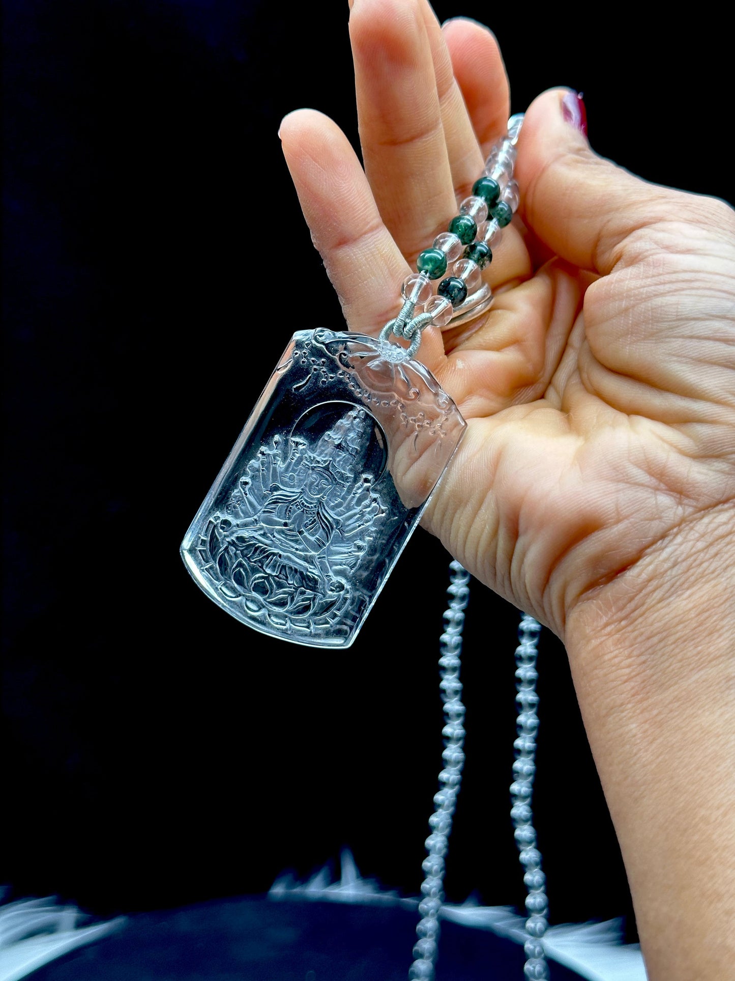 Himalayan Quartz Carved Bodhisattva Pendant Mala - Healing Crystal Necklace