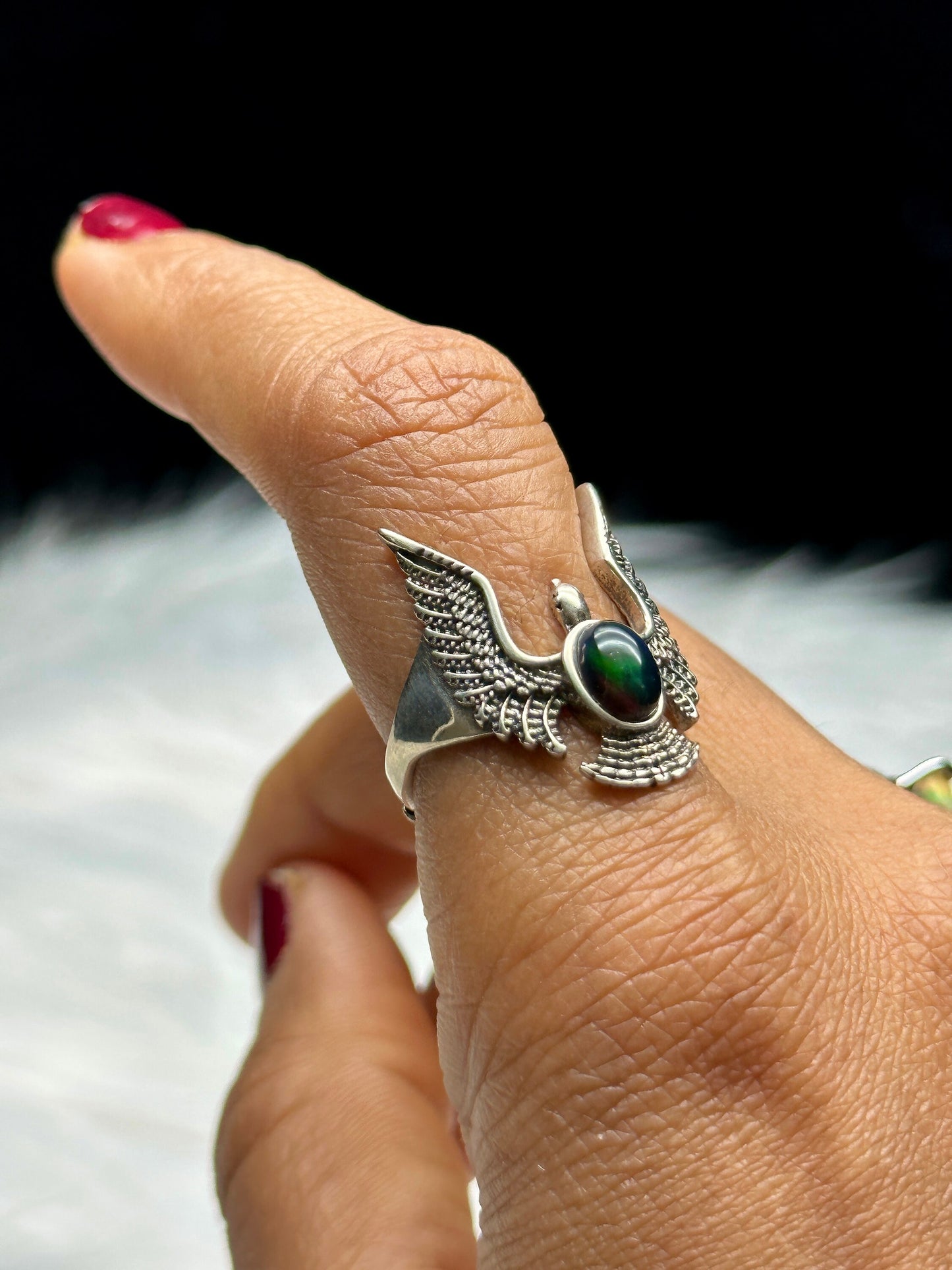 High-Quality Black Opal Crystal Eagle Sterling Silver Ring - Unique Gemstone Jewelry