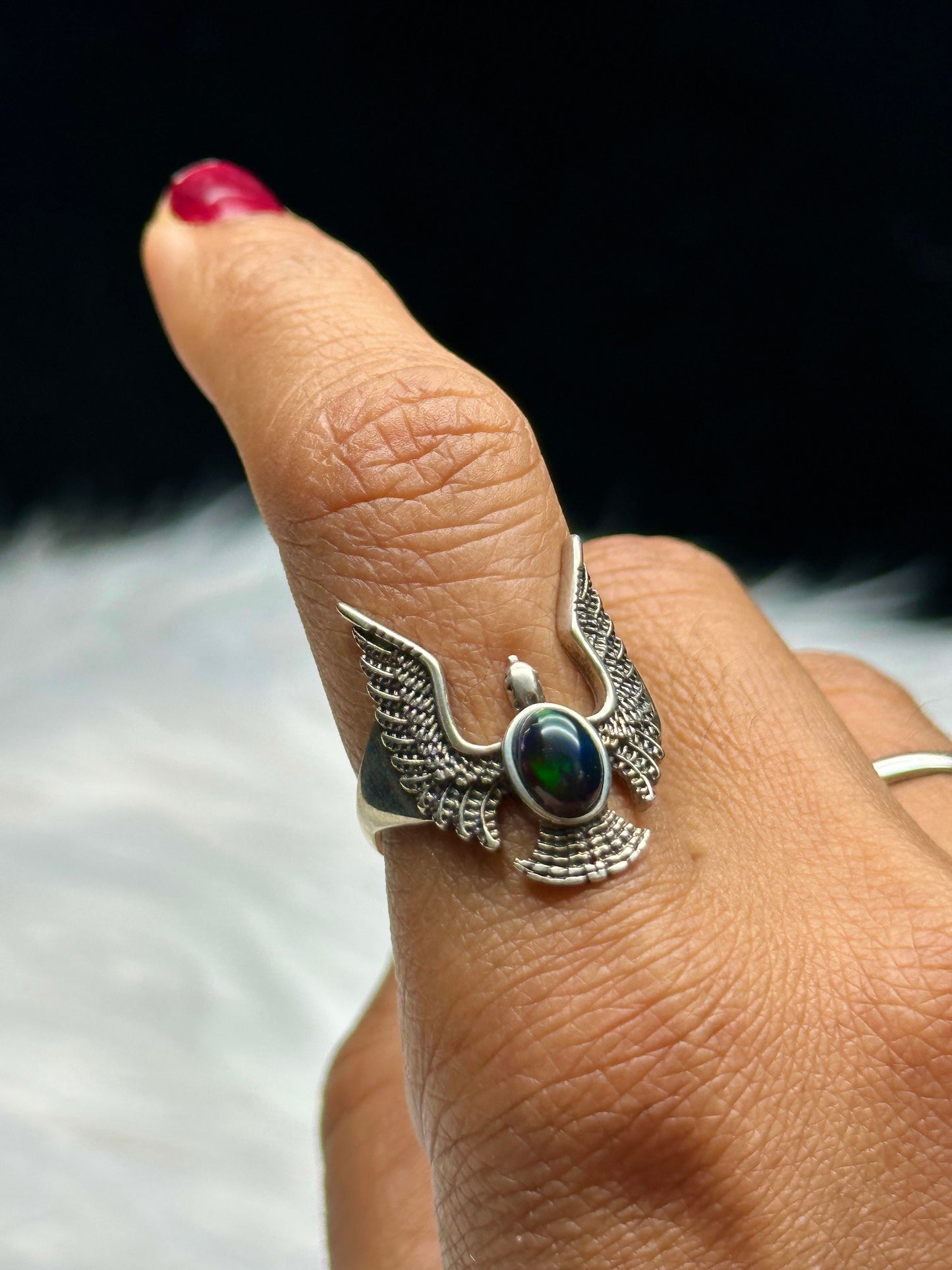 High-Quality Black Opal Crystal Eagle Sterling Silver Ring - Unique Gemstone Jewelry