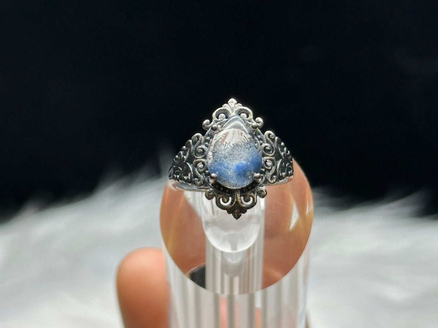 Vintage Style Natural Blue Dumortierite Quartz Rutilated Crystal Ring in Sterling Silver - Adjustable