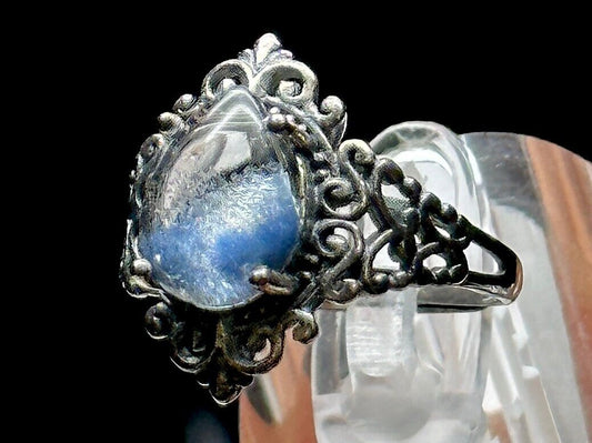 Vintage Style Natural Blue Dumortierite Quartz Rutilated Crystal Ring in Sterling Silver - Adjustable