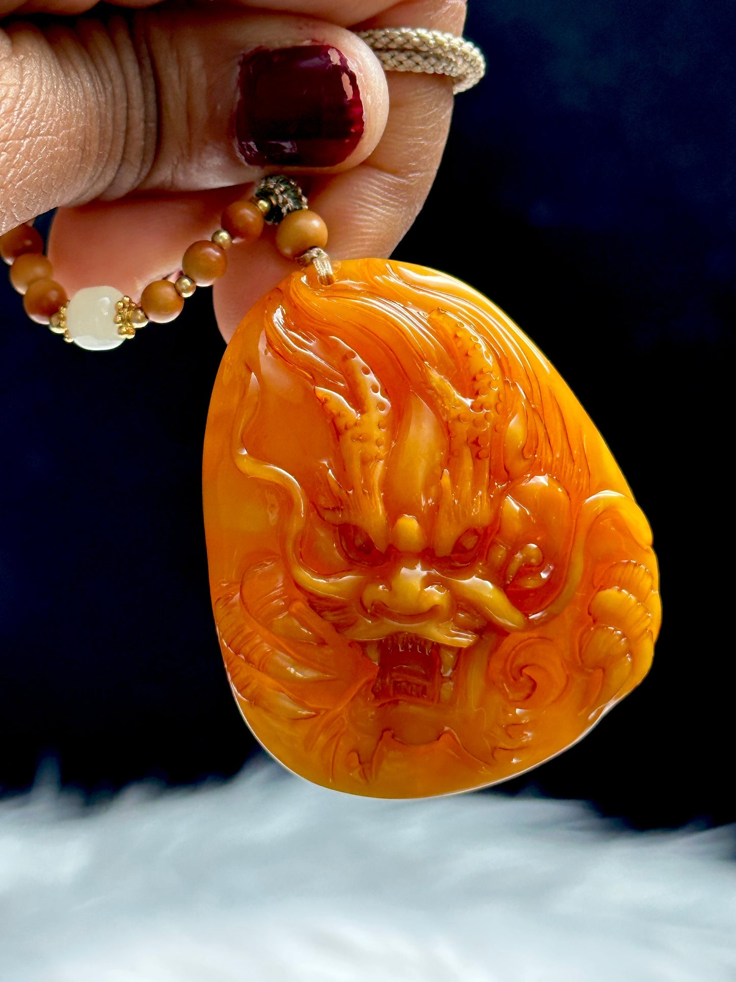 Rare Natural Amber Dragon Carved Pendant - High-Quality & Adjustable