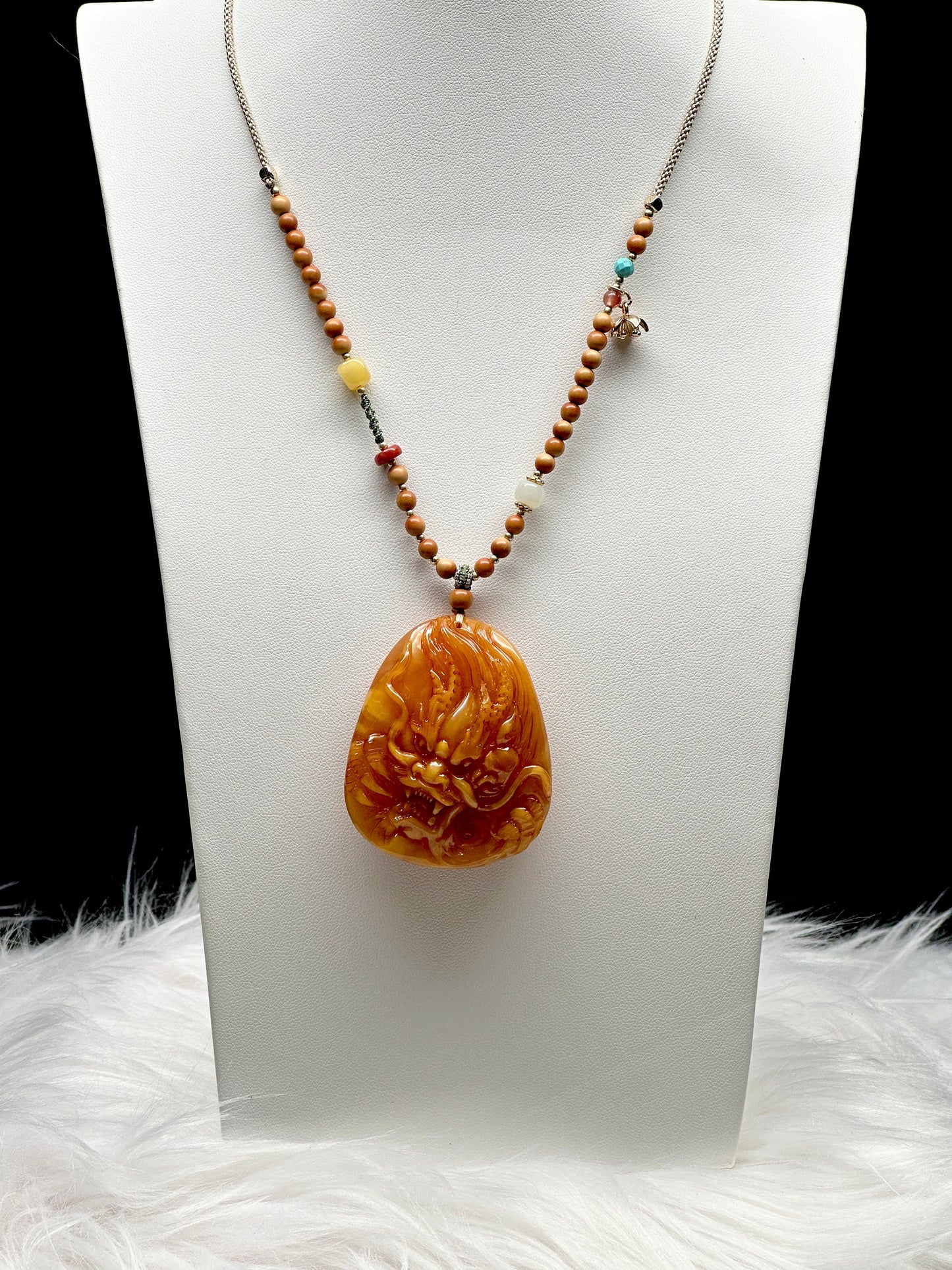 Rare Natural Amber Dragon Carved Pendant - High-Quality & Adjustable