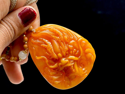 Rare Natural Amber Dragon Carved Pendant - High-Quality & Adjustable