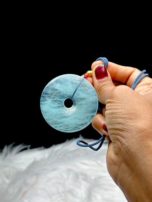 Large Aquamarine Crystal Donut Pendant Necklace - approx. 24 Inches Thread Necklace