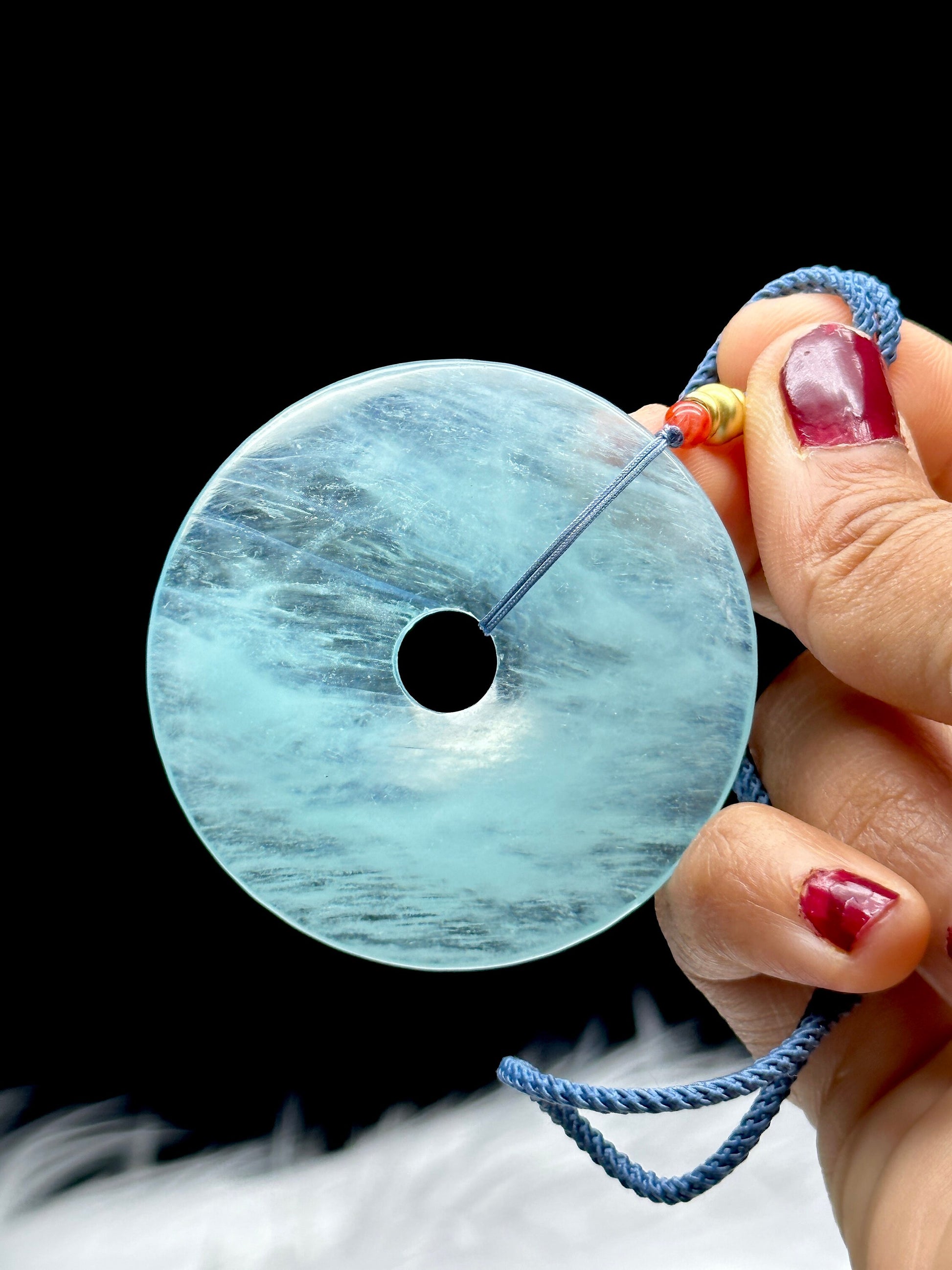 Large Aquamarine Crystal Donut Pendant Necklace - approx. 24 Inches Thread Necklace