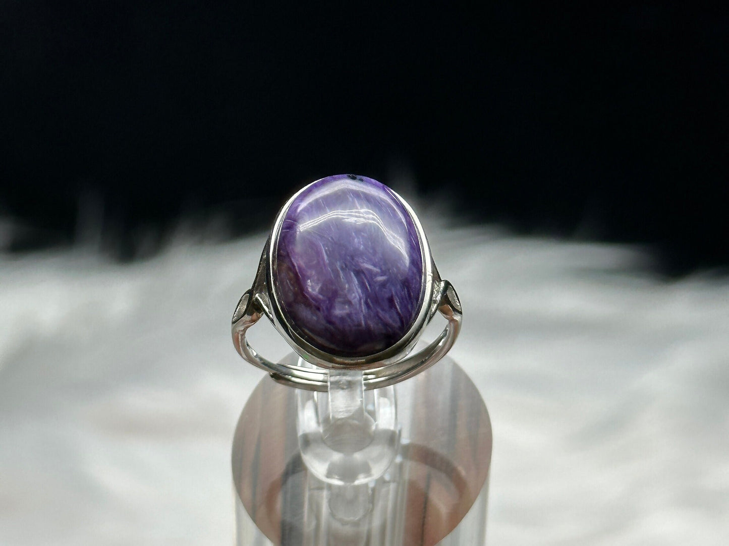 Natural Charoite Crystal Ring in Sterling Silver | Oval Shaped | Adjustable Size | Metaphysical Jewelry