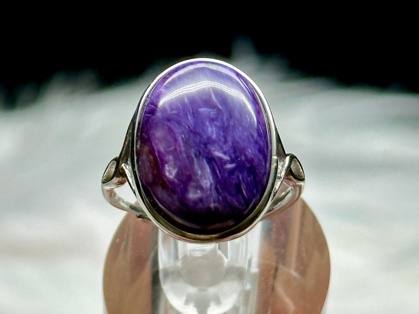 Natural Charoite Crystal Ring in Sterling Silver | Oval Shaped | Adjustable Size | Metaphysical Jewelry