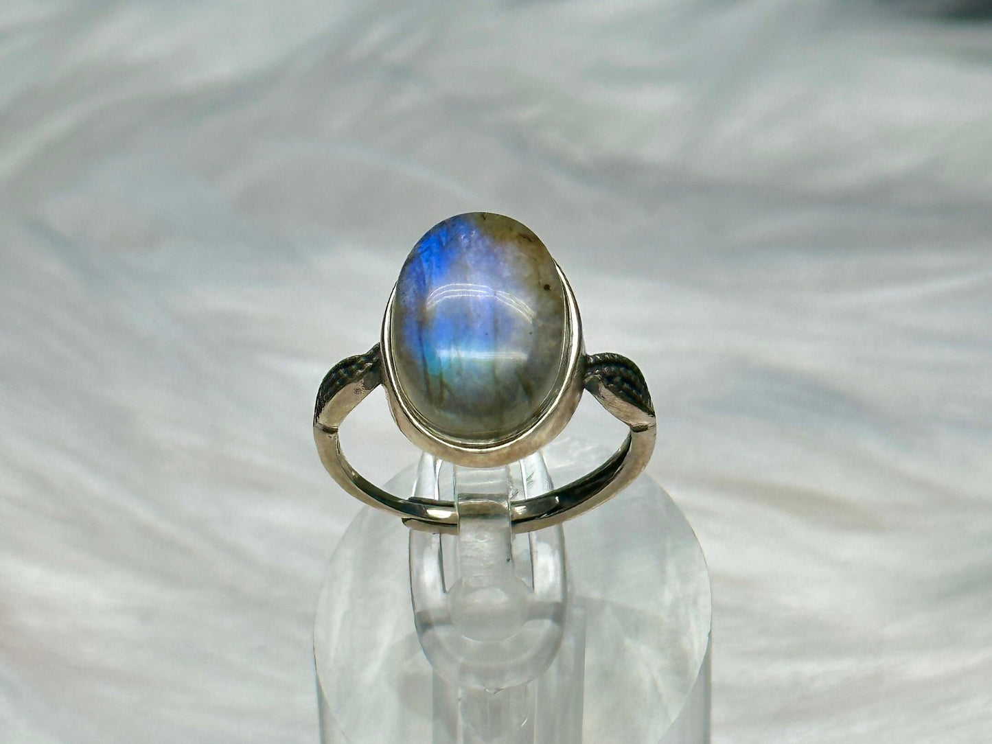 Natural Labradorite Crystal Ring in Sterling Silver - Oval Shape, Adjustable Size - Metaphysical Jewelry