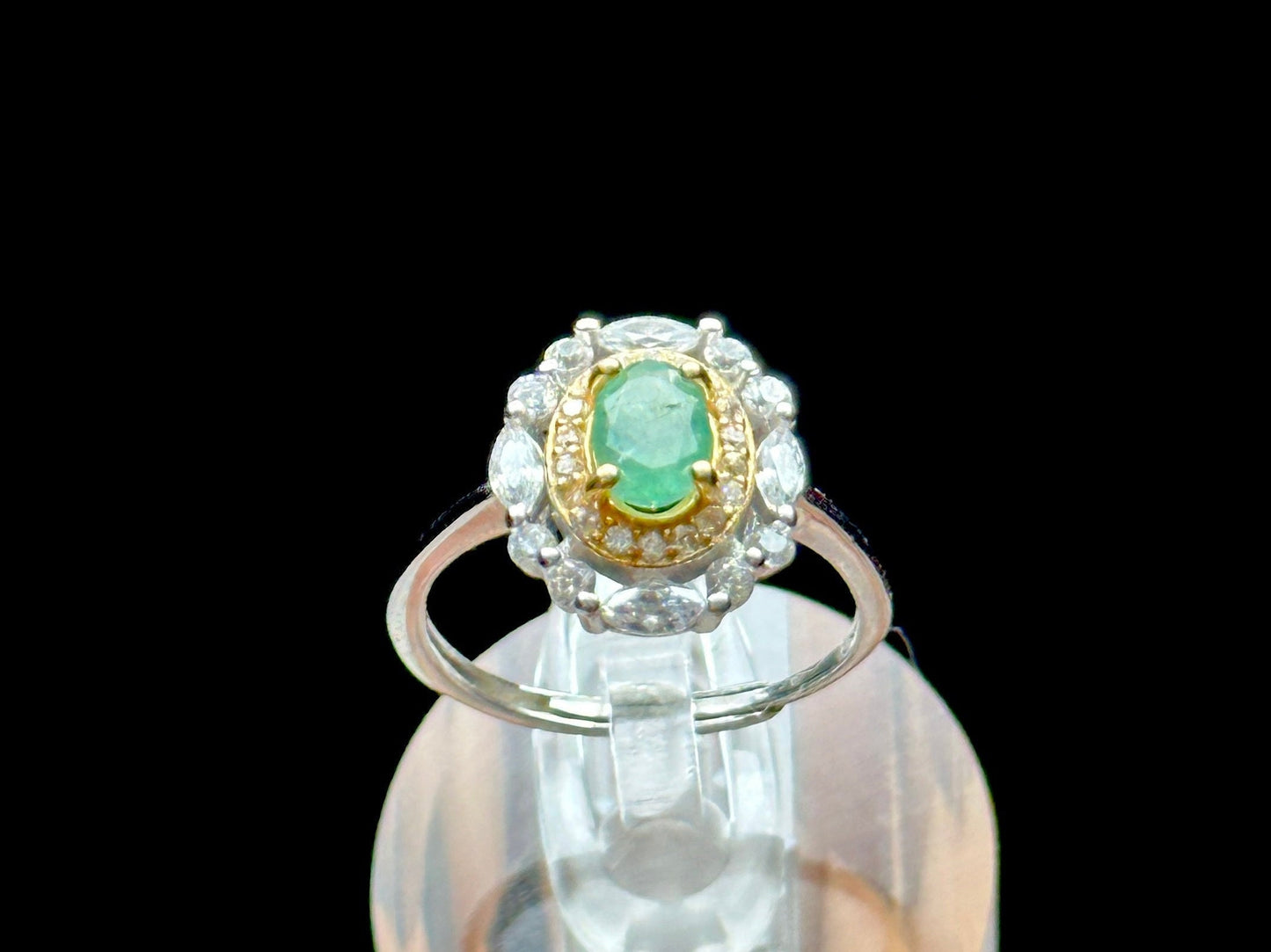 Beautiful Natural Emerald Gemstone Solitaire Ring in Sterling Silver with White Topaz Accent - Adjustable Size