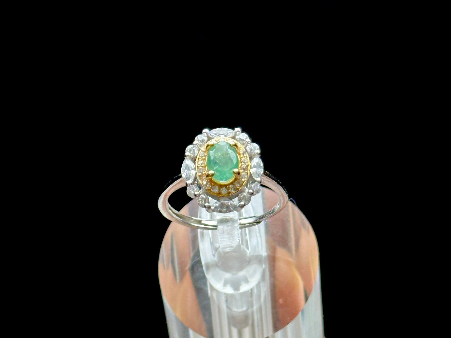 Beautiful Natural Emerald Gemstone Solitaire Ring in Sterling Silver with White Topaz Accent - Adjustable Size