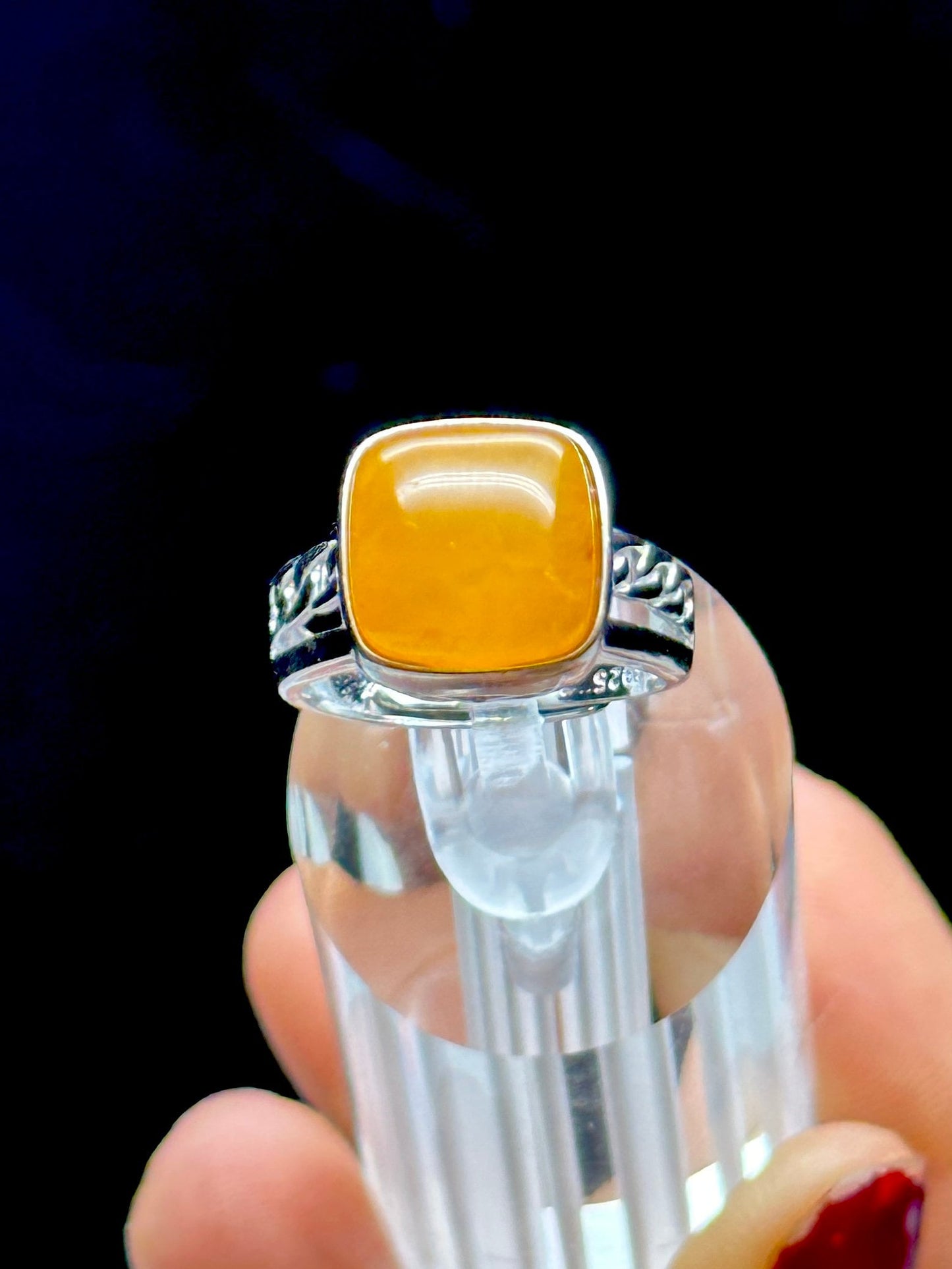 Natural Dominican Amber Ring in Sterling Silver - Adjustable Size ring