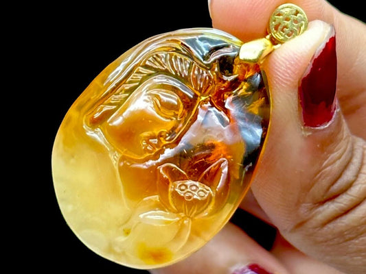 High Quality Dominican Blue Amber Pendant - Buddha Carved Pendant