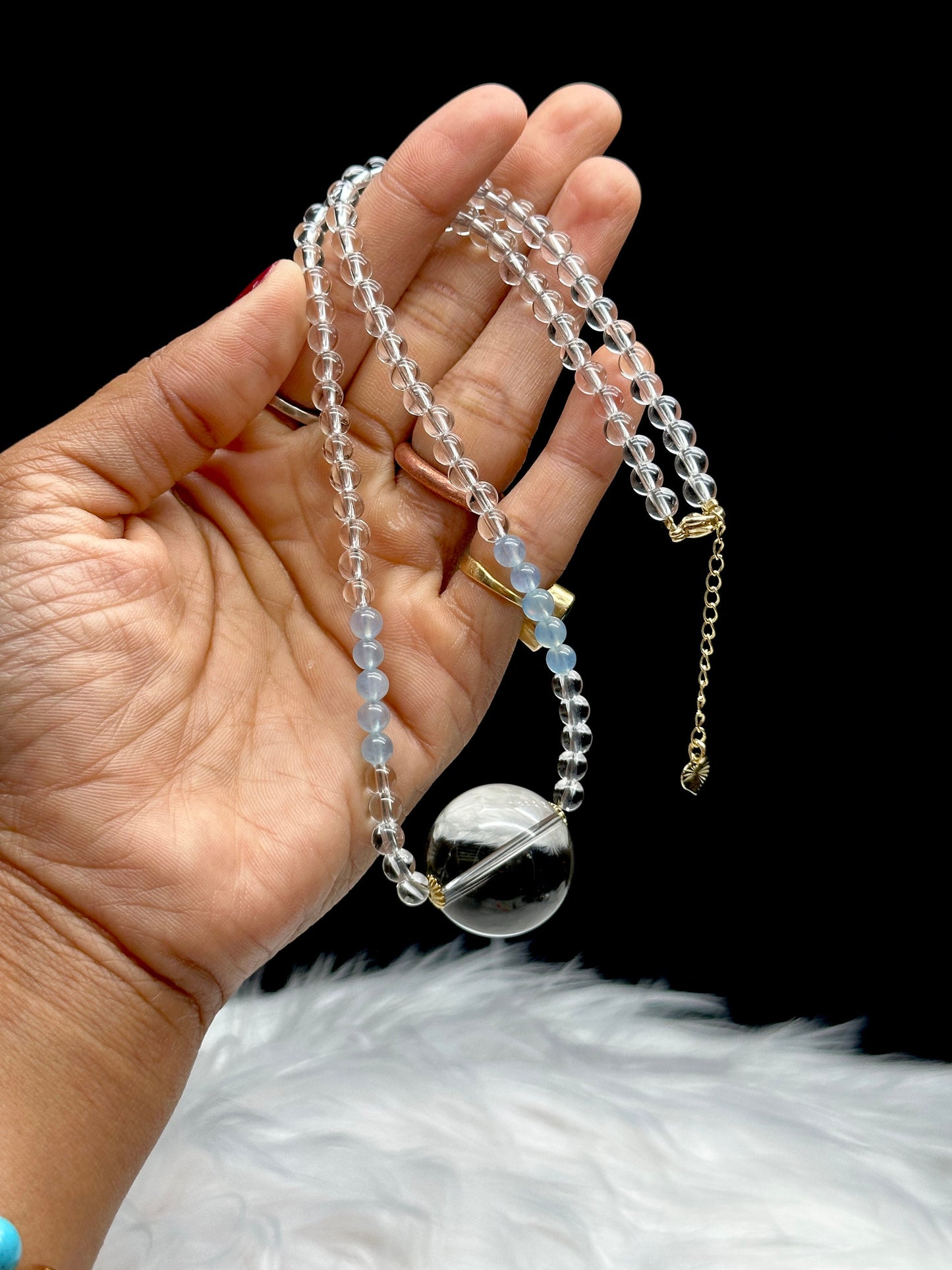 Natural Clear Quartz and Aquamarine Crystal Necklace - Adjustable length