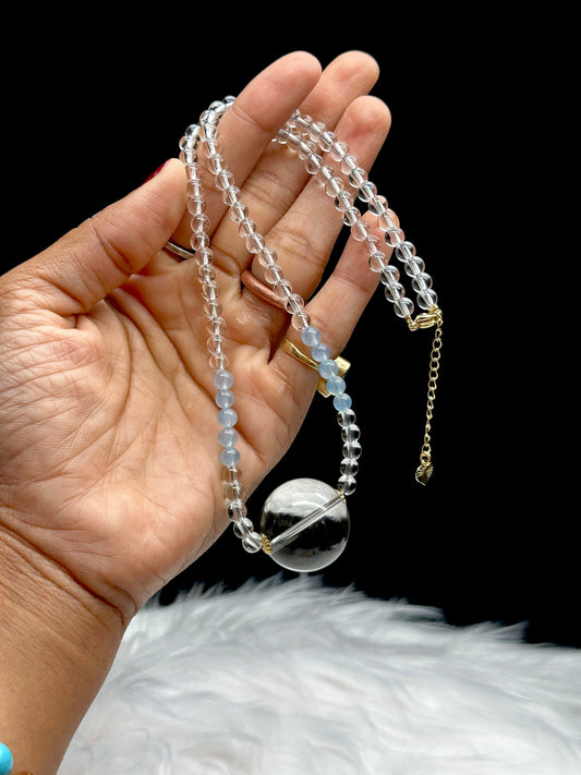 Natural Clear Quartz and Aquamarine Crystal Necklace - Adjustable length