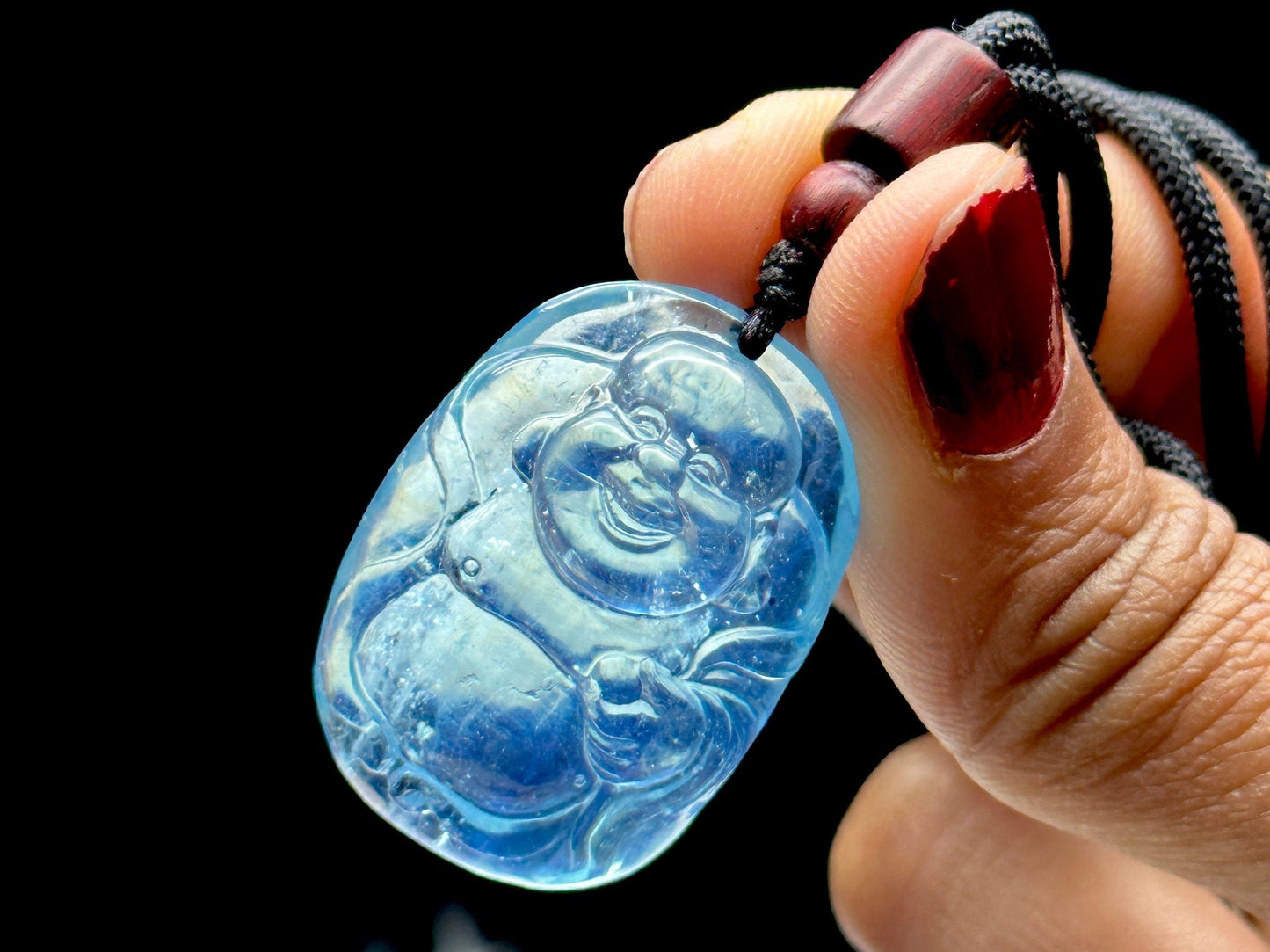 Top Grade Aquamarine Crystal Laughing Buddha Pendant Necklace