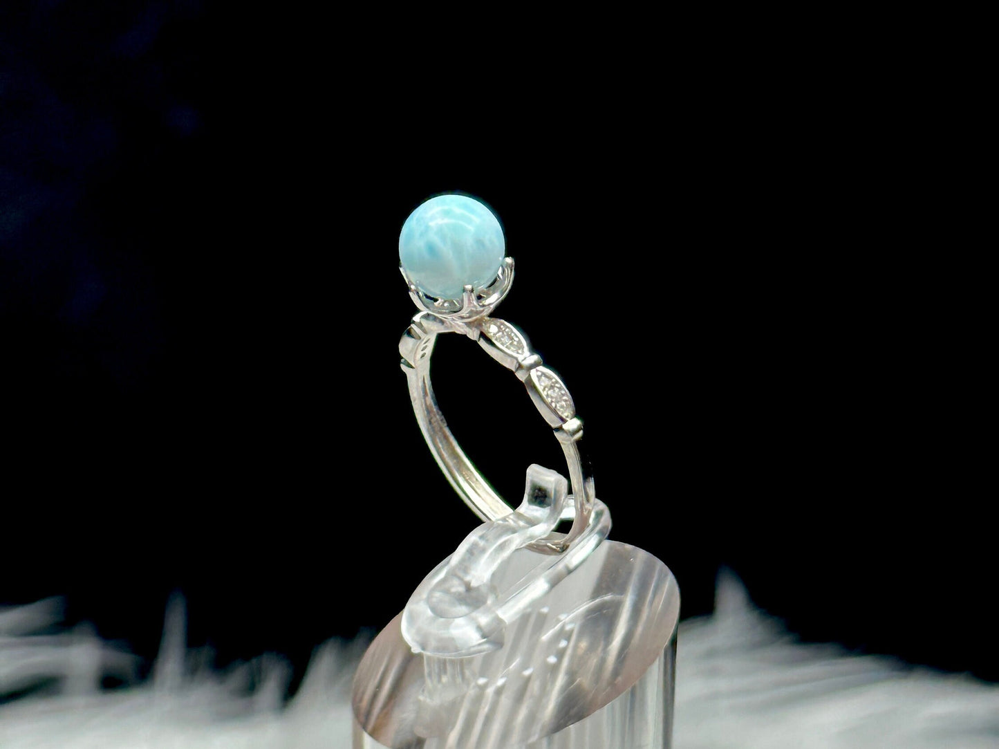 High Quality Larimar Crystal Ring in Sterling Silver - Adjustable Sphere Shaped Ring | Metaphysical Healing, Chakra Balance