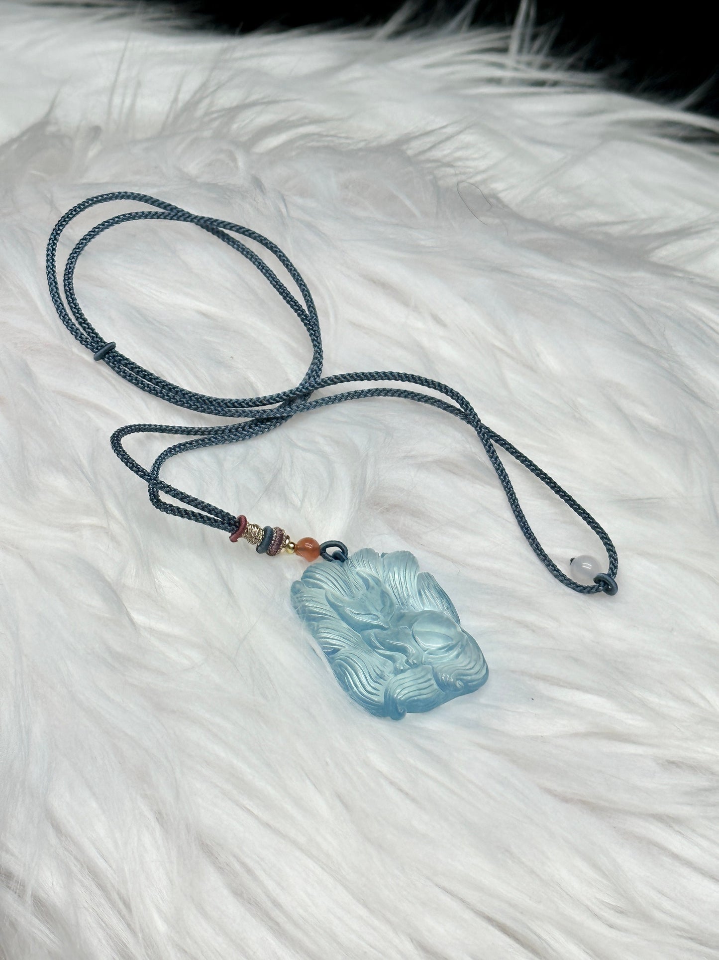 Top Grade Aquamarine Crystal Pendant with Feng Shui Lucky Nine Tail Fox Carving