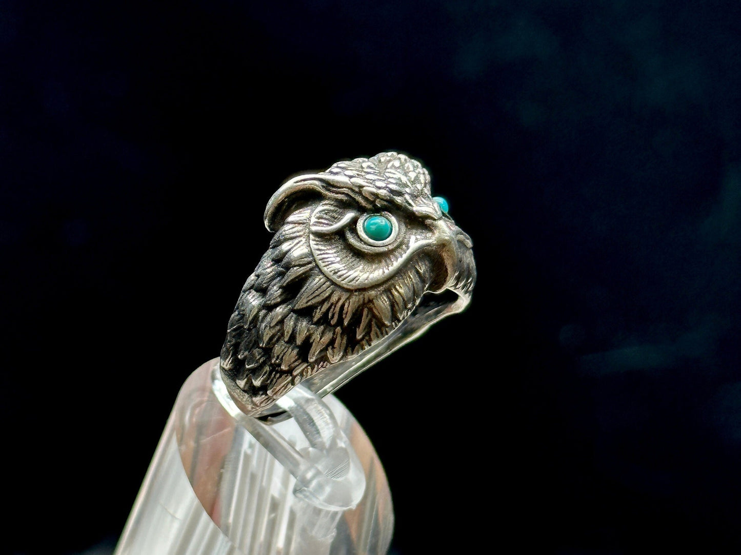 Handcrafted Turquoise Owl Ring in Sterling Silver - Adjustable Size - Unique and One-of-a-Kind Jewelry