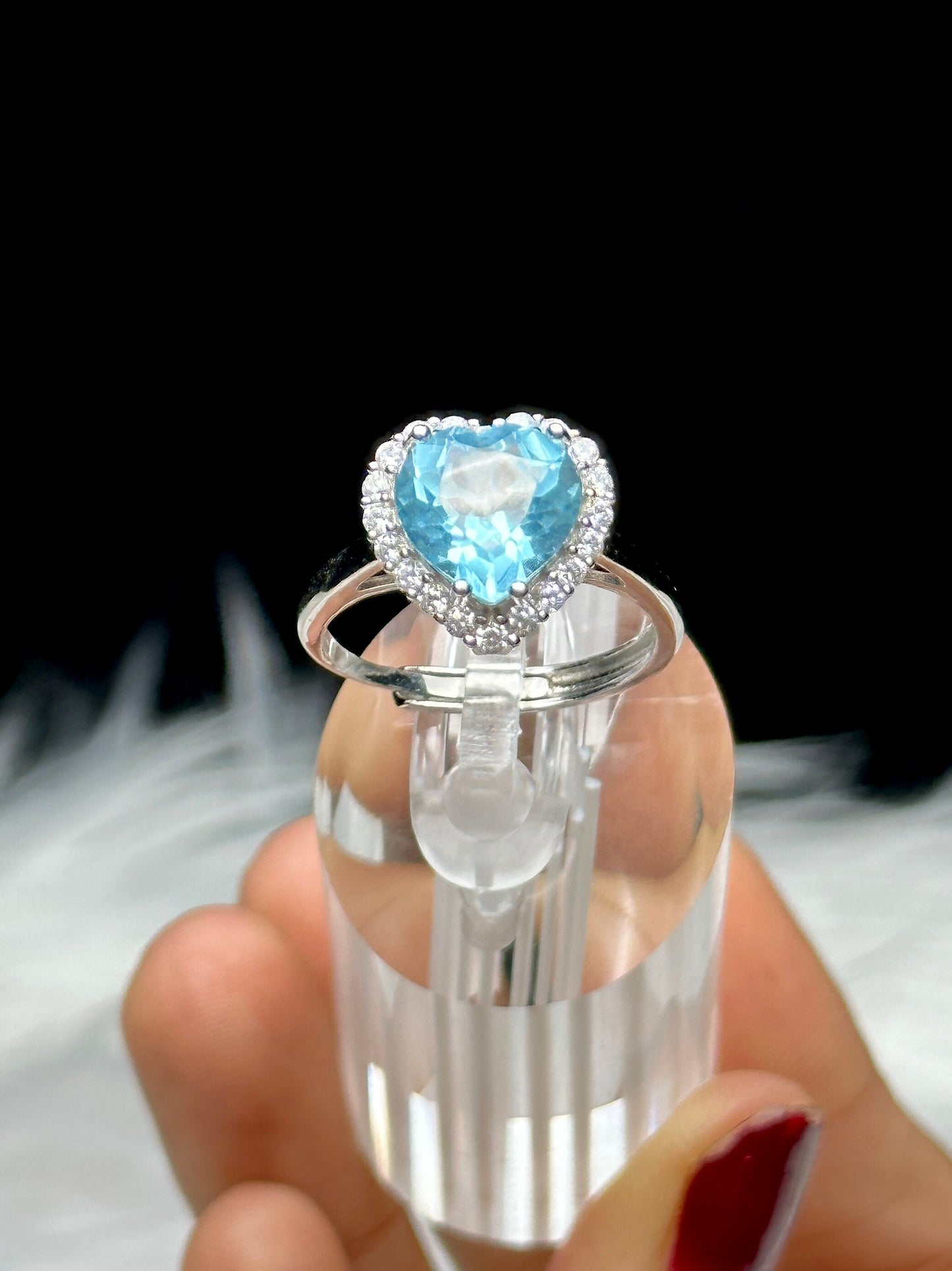 Grade AAA Blue Topaz Heart-Shaped Gemstone Ring in Adjustable Sterling Silver | Handcrafted Crystal Jewelry