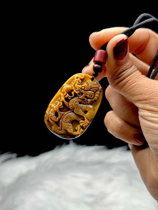 High-Quality Tiger Eye Dragon Carved Pendant Necklace - Handcrafted Spiritual Jewelry with Adjustable Black Thread