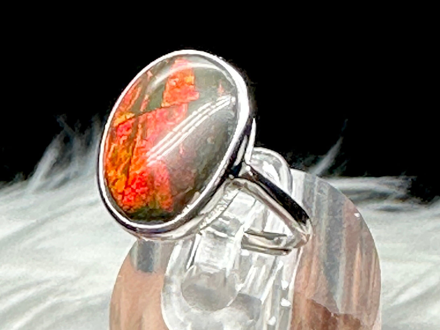 Natural Canadian Ammolite Ring in Sterling Silver - Genuine Gemstone Jewelry, Adjustable Size Ring, Healing Properties, Unique Gift