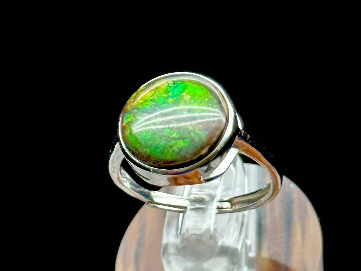 Genuine Canadian Ammolite Ring in Sterling Silver - Unique Adjustable Size Ring with Healing Properties