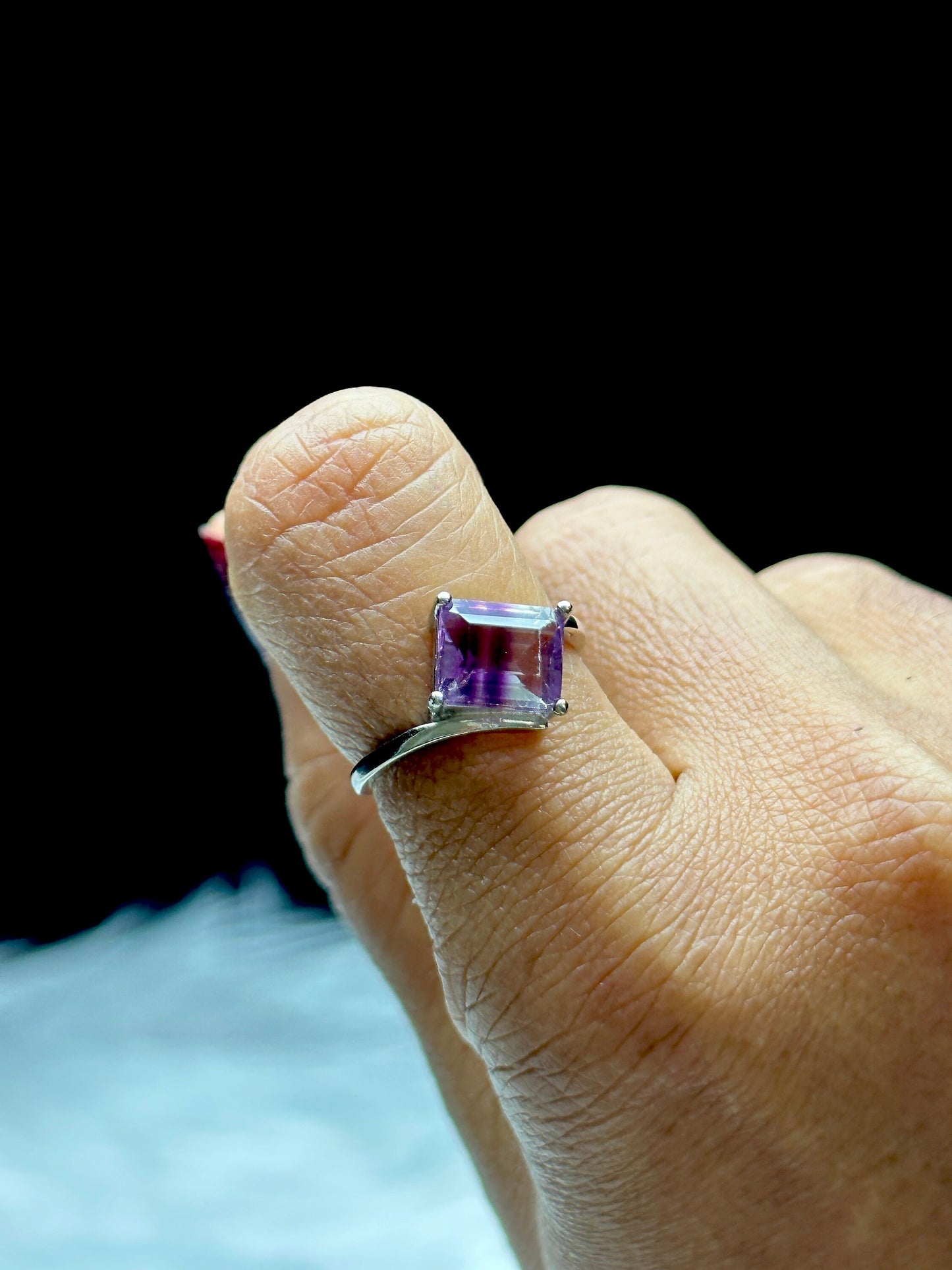 High-Grade Rare Purple Fluorite Crystal Ring in Sterling Silver | Adjustable Square Solitaire Ring | Metaphysical Healing Jewelry