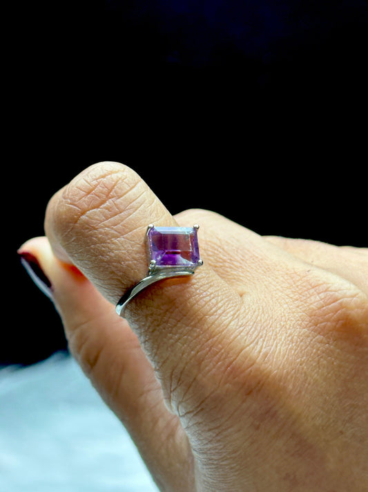 High-Grade Rare Purple Fluorite Crystal Ring in Sterling Silver | Adjustable Square Solitaire Ring | Metaphysical Healing Jewelry