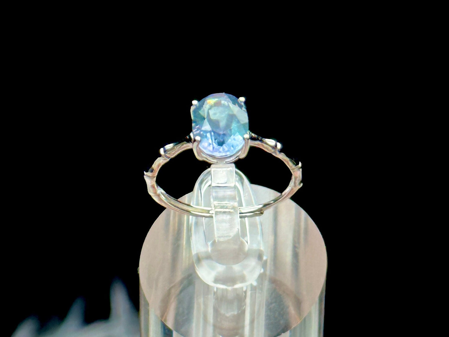 Super Rare Blue Fluorite Crystal Oval Solitaire Ring - Sterling Silver Adjustable Size ring