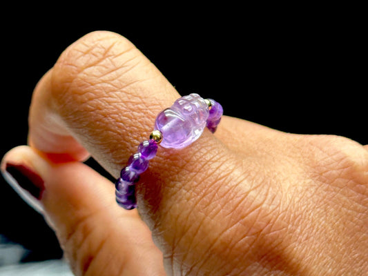 Amethyst Pixiu Stretchable Ring - Adjustable Size Crystal Healing Jewelry