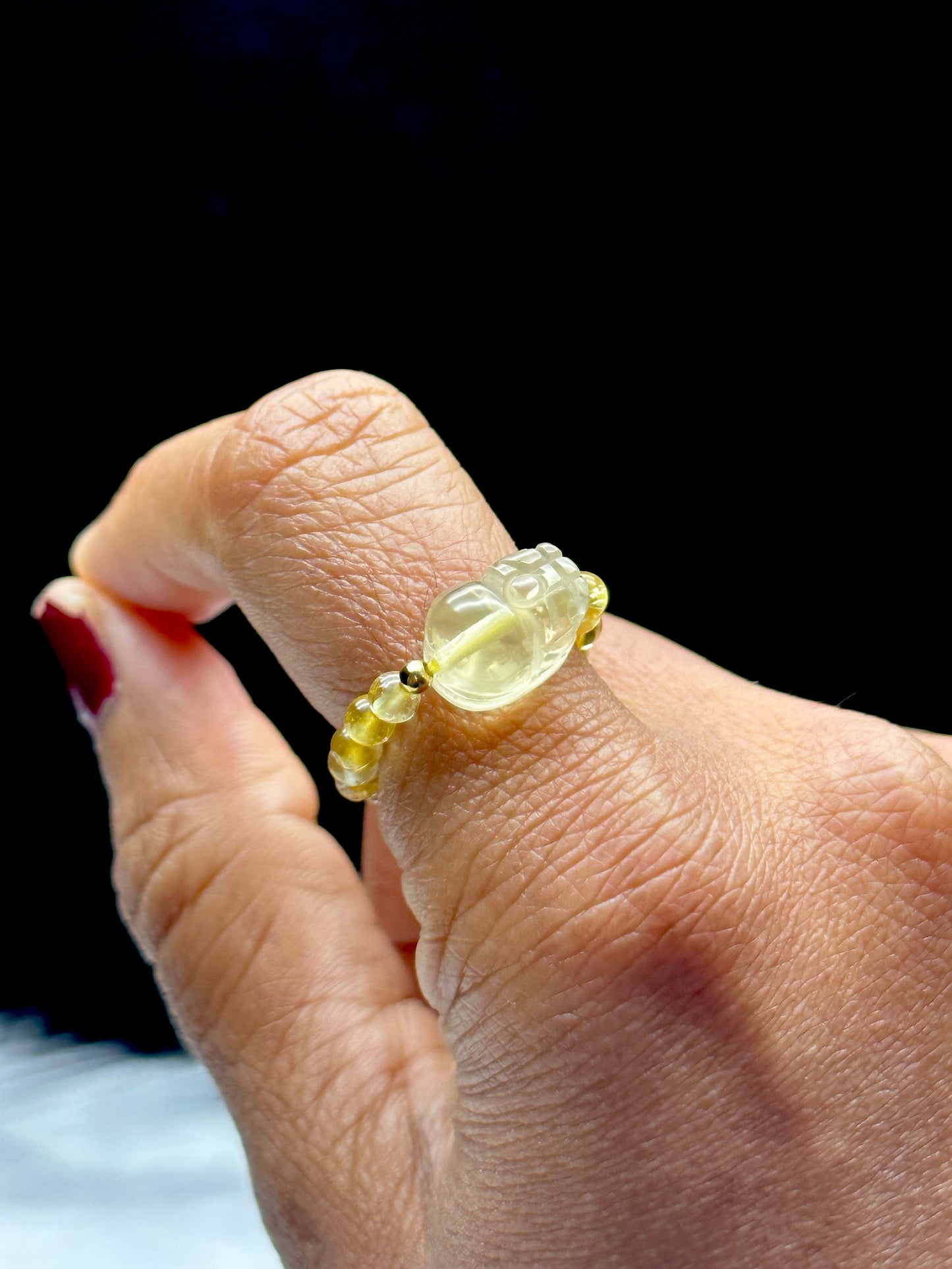 Citrine Pixiu Stretchable Ring - Handcrafted Adjustable Size Ring with Genuine Citrine Crystal - Crystal Healing Jewelry