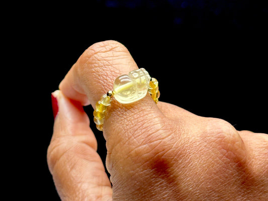 Citrine Pixiu Stretchable Ring - Handcrafted Adjustable Size Ring with Genuine Citrine Crystal - Crystal Healing Jewelry