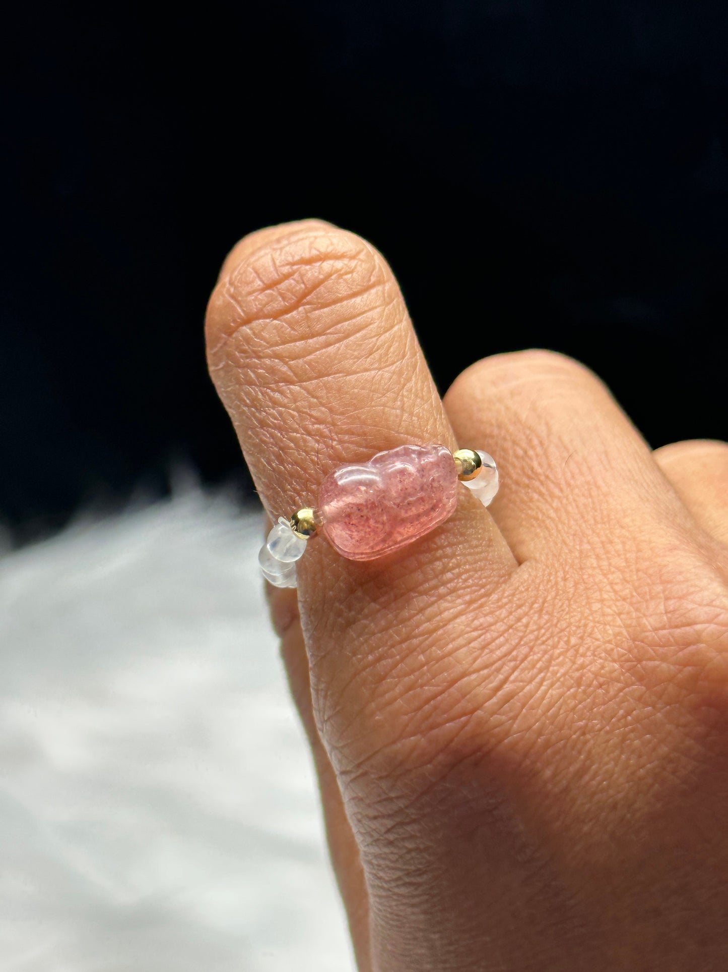 Strawberry Quartz and Moonstone Crystal Pixiu Beaded Stretchable Ring - Adjustable Size Gemstone Ring for Positive Energy