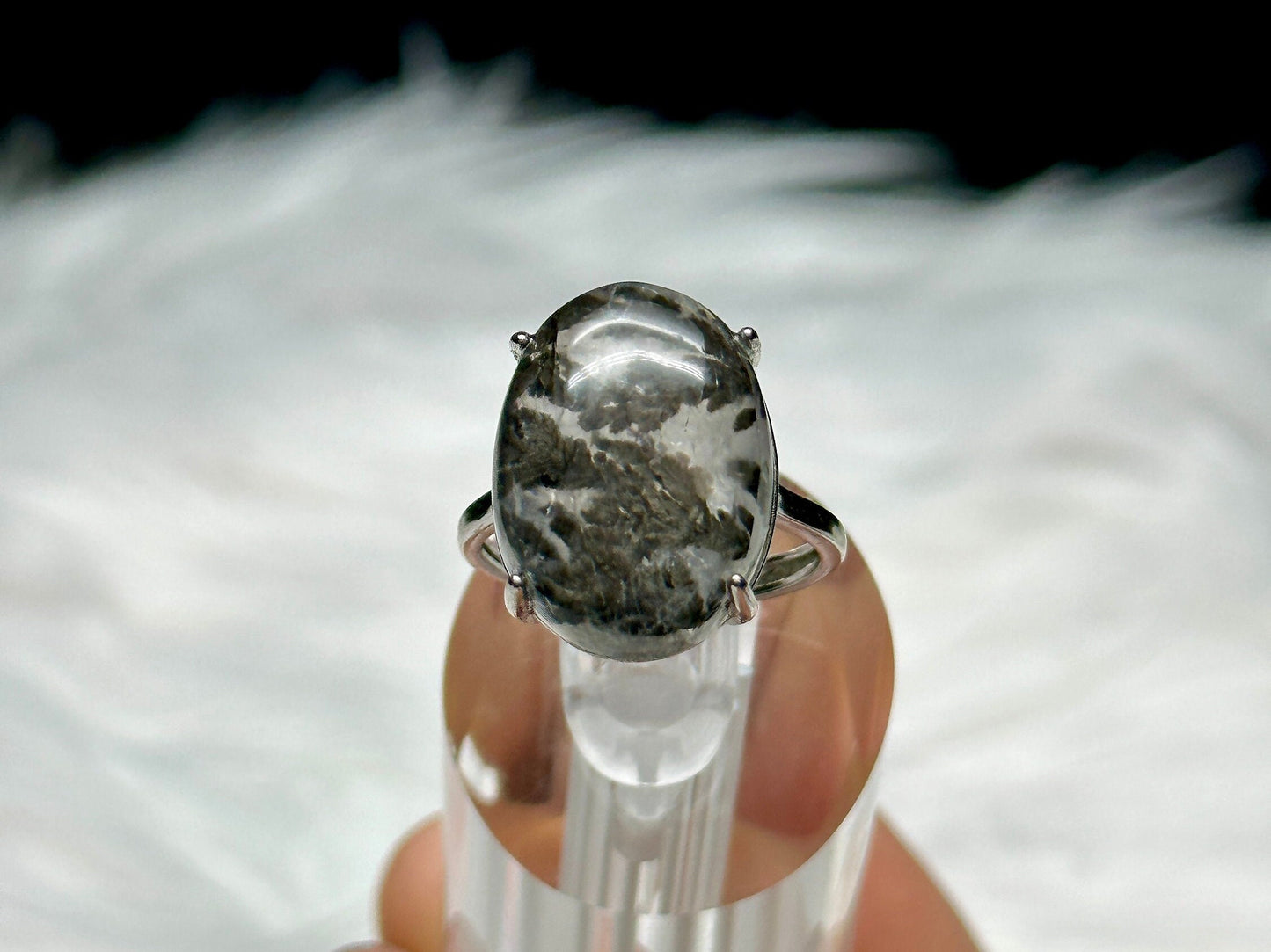 Dendritic Quartz Crystal Ring in Sterling Silver - Natural Gemstone Adjustable Size Ring with Healing Properties - Handcrafted Jewelry