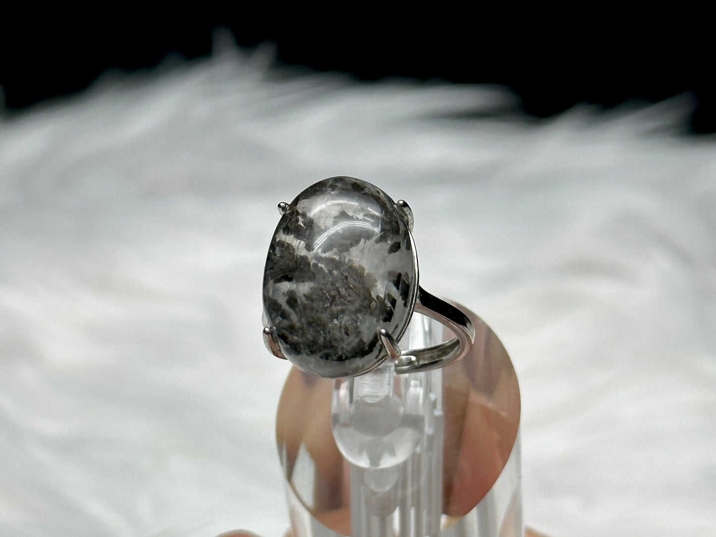 Dendritic Quartz Crystal Ring in Sterling Silver - Natural Gemstone Adjustable Size Ring with Healing Properties - Handcrafted Jewelry