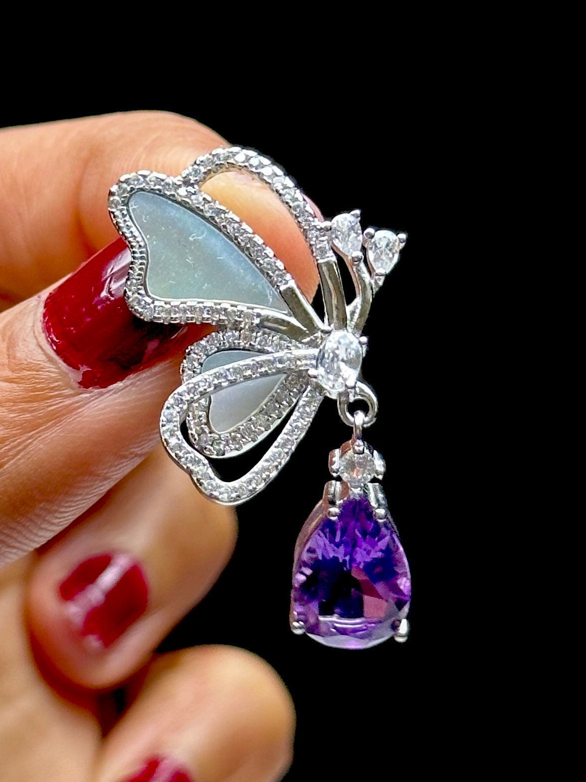 High-Quality Amethyst Crystal and Shell Butterfly Pendant in Sterling Silver - Handcrafted Healing Jewelry