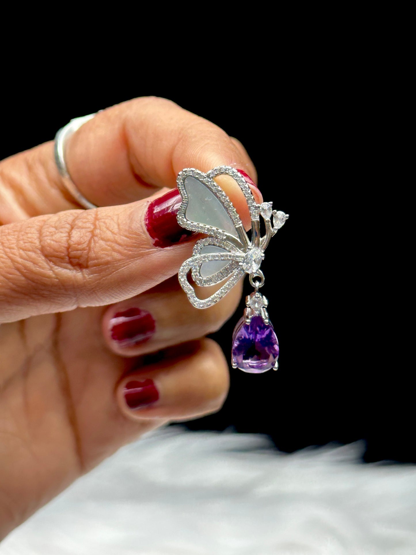 High-Quality Amethyst Crystal and Shell Butterfly Pendant in Sterling Silver - Handcrafted Healing Jewelry