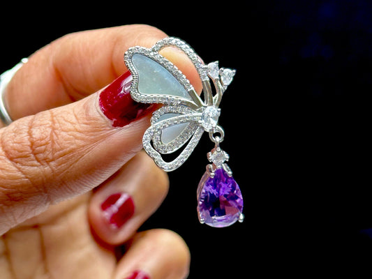 High-Quality Amethyst Crystal and Shell Butterfly Pendant in Sterling Silver - Handcrafted Healing Jewelry