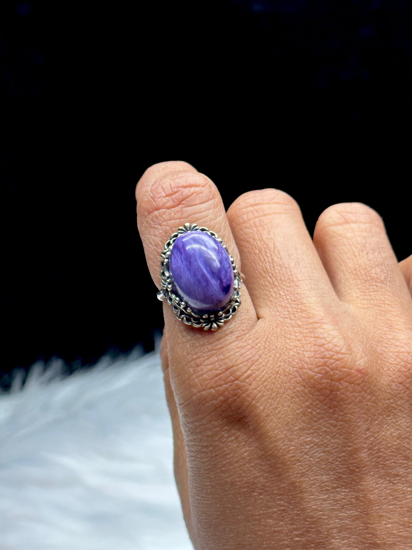 Vintage Style Large Charoite Crystal Ring in Sterling Silver | Adjustable Size | Healing Properties | Unique Handcrafted Jewelry